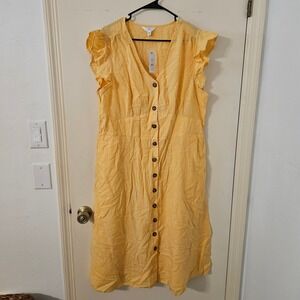 Time and Tru Women's Yellow Midi Dress Flutter Sleeve Button Front XL 16-18
